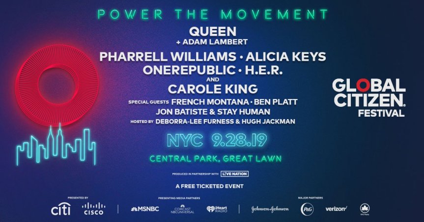 Queen + Adam Lambert, Pharrell Williams, Alicia Keys, OneRepublic, H.E.R., and Carole King to headline 2019 Global Citizen Festival